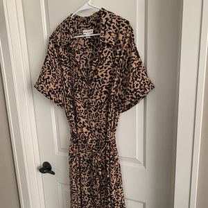 Cheetah Print Button Up Dress with Collar & Rolled Sleeve
